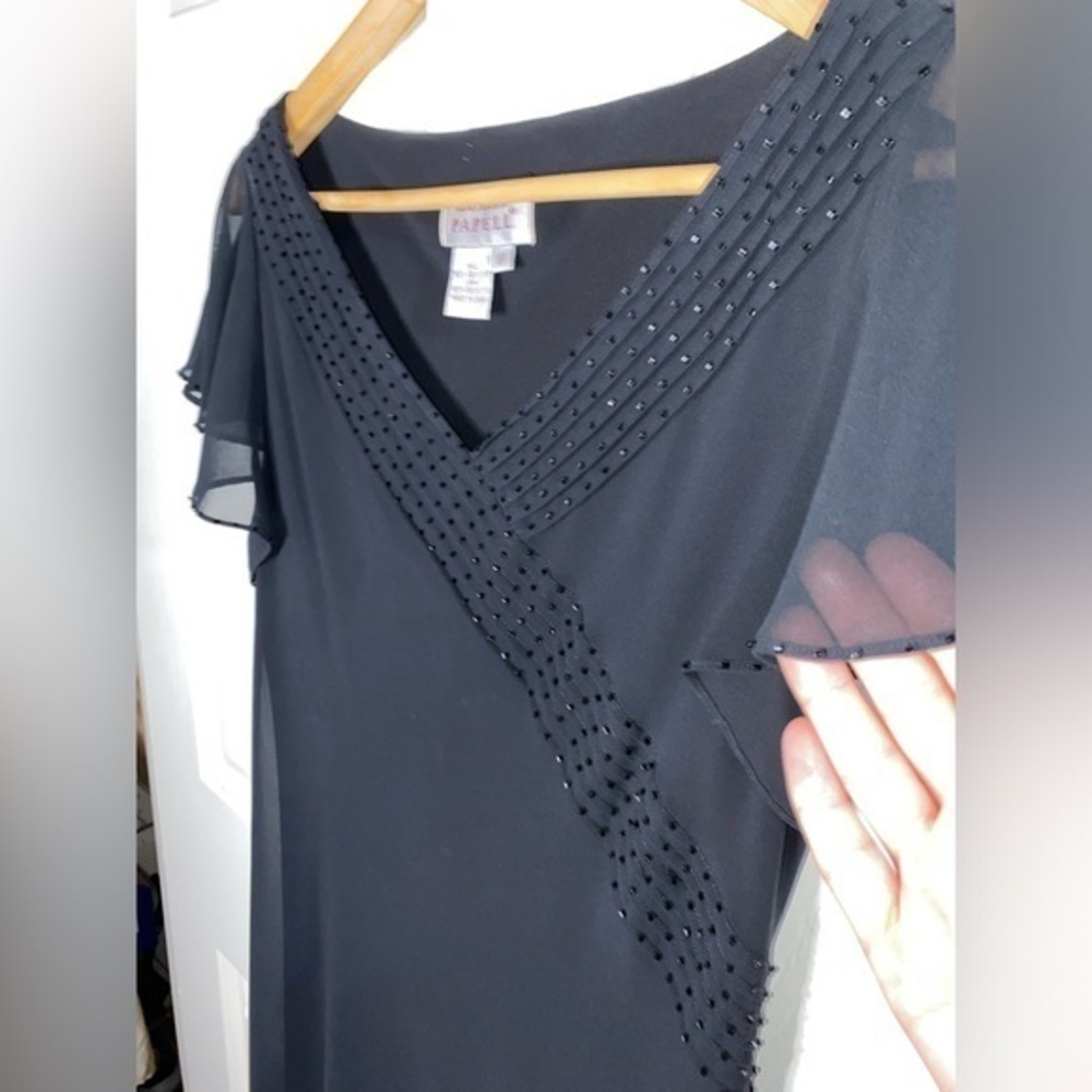 Adrianna Papell Black Beaded Dress with Flutter Sleeve, Cocktail Dress Size 10